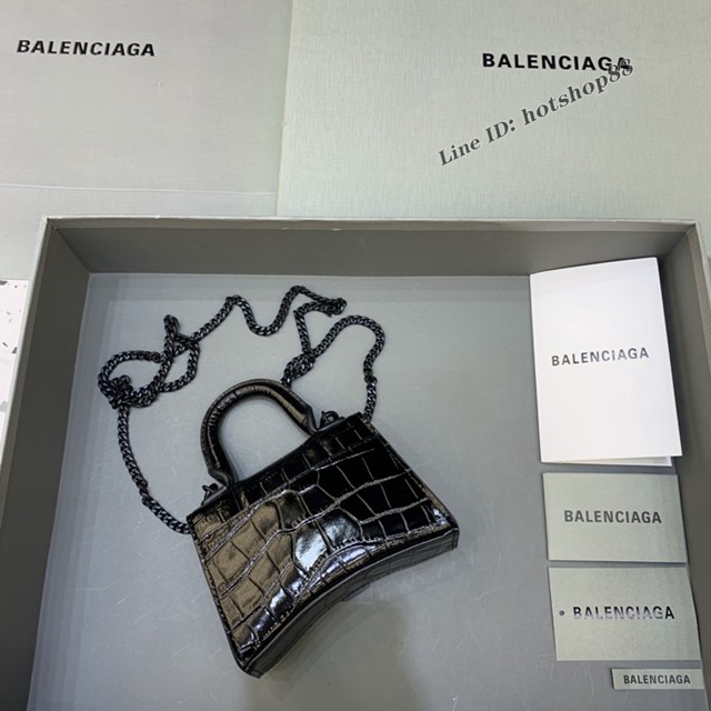 Balenciaga專櫃爆款mini Hourglass沙漏包 巴黎世家鱷魚紋黑色黑扣超迷你號手提肩背女包 fyj1555